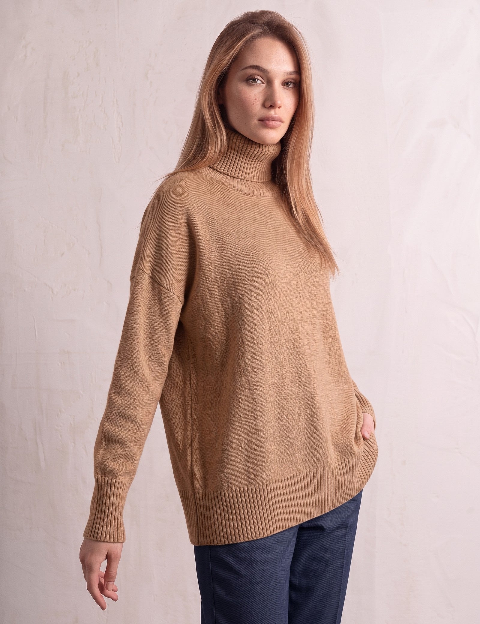 Women's Relaxed Fit Roll Neck Jumper in Camel, three-quarter view from the left, full length.