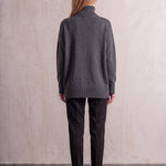 Women's Relaxed Fit Roll Neck Jumper in Dark Grey, back view, full length.
