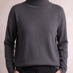 Women's Relaxed Fit Roll Neck Jumper in Dark Grey, close-up of the upper body.