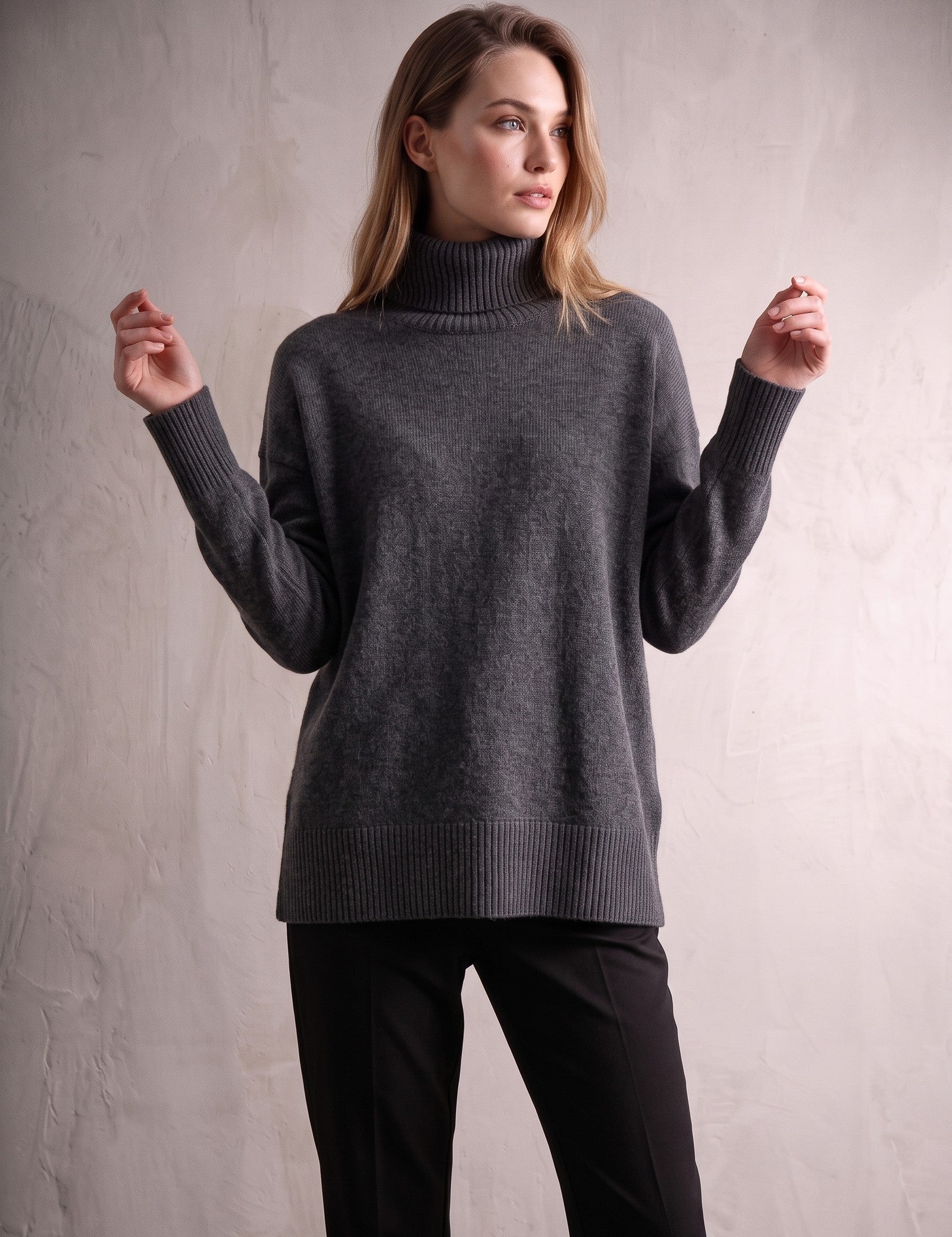 Women's Relaxed Fit Roll Neck Jumper in Dark Grey, front view, full length.