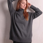 Women's Relaxed Fit Roll Neck Jumper in Dark Grey, front view, full length.