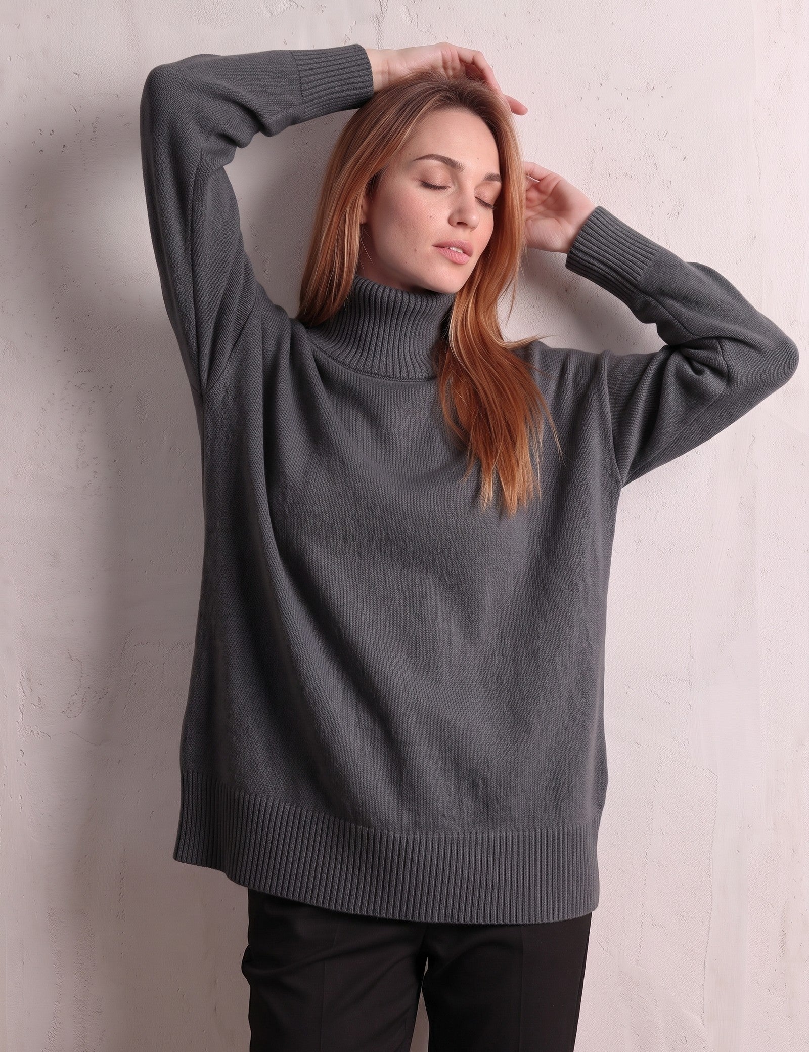 Women's Relaxed Fit Roll Neck Jumper in Dark Grey, front view, full length.