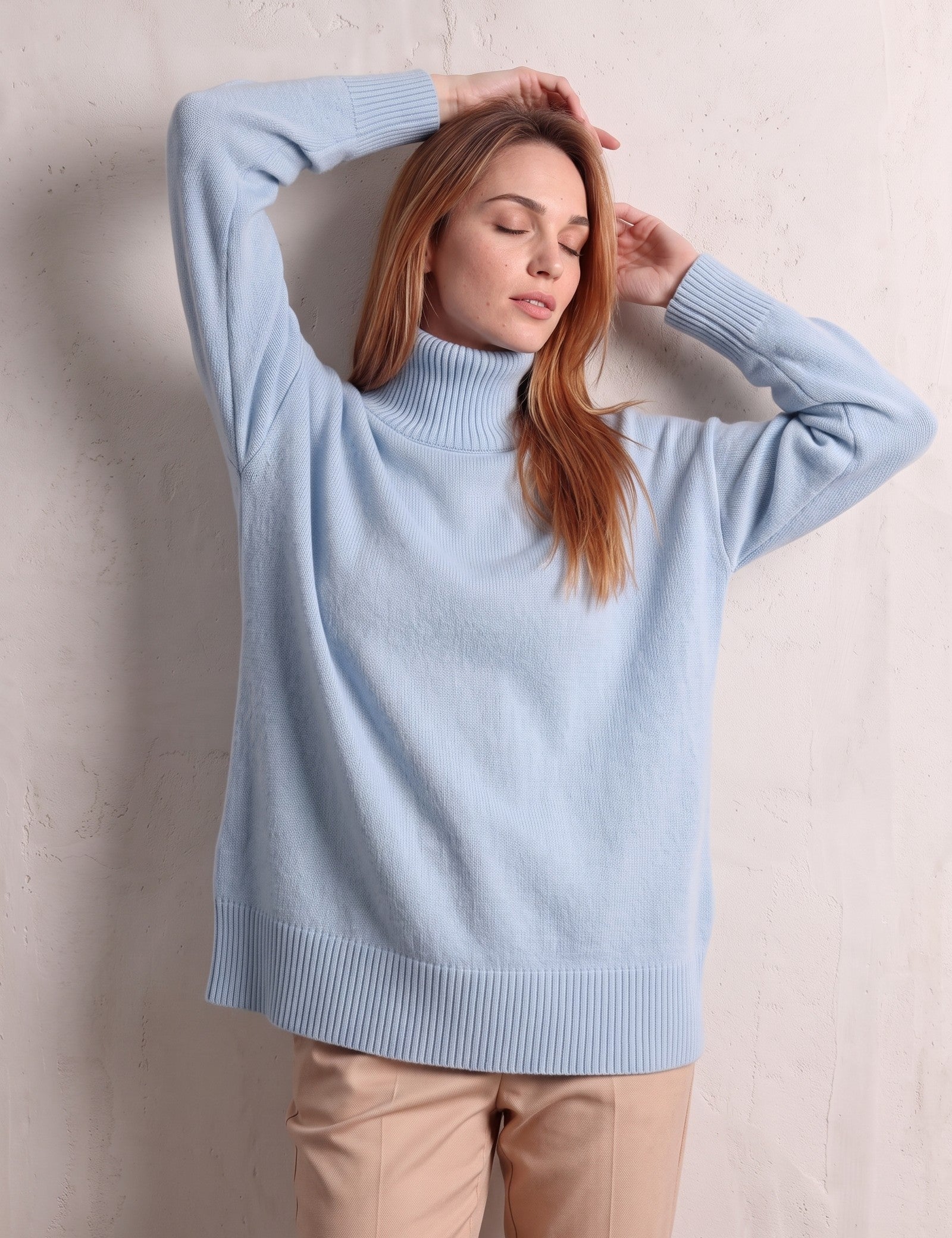 Women's Relaxed Fit Roll Neck Jumper in Light Blue, front view, full length.
