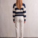 Women's Navy and Cream Striped Cable Knit V-Neck Jumper, back view, full length.
