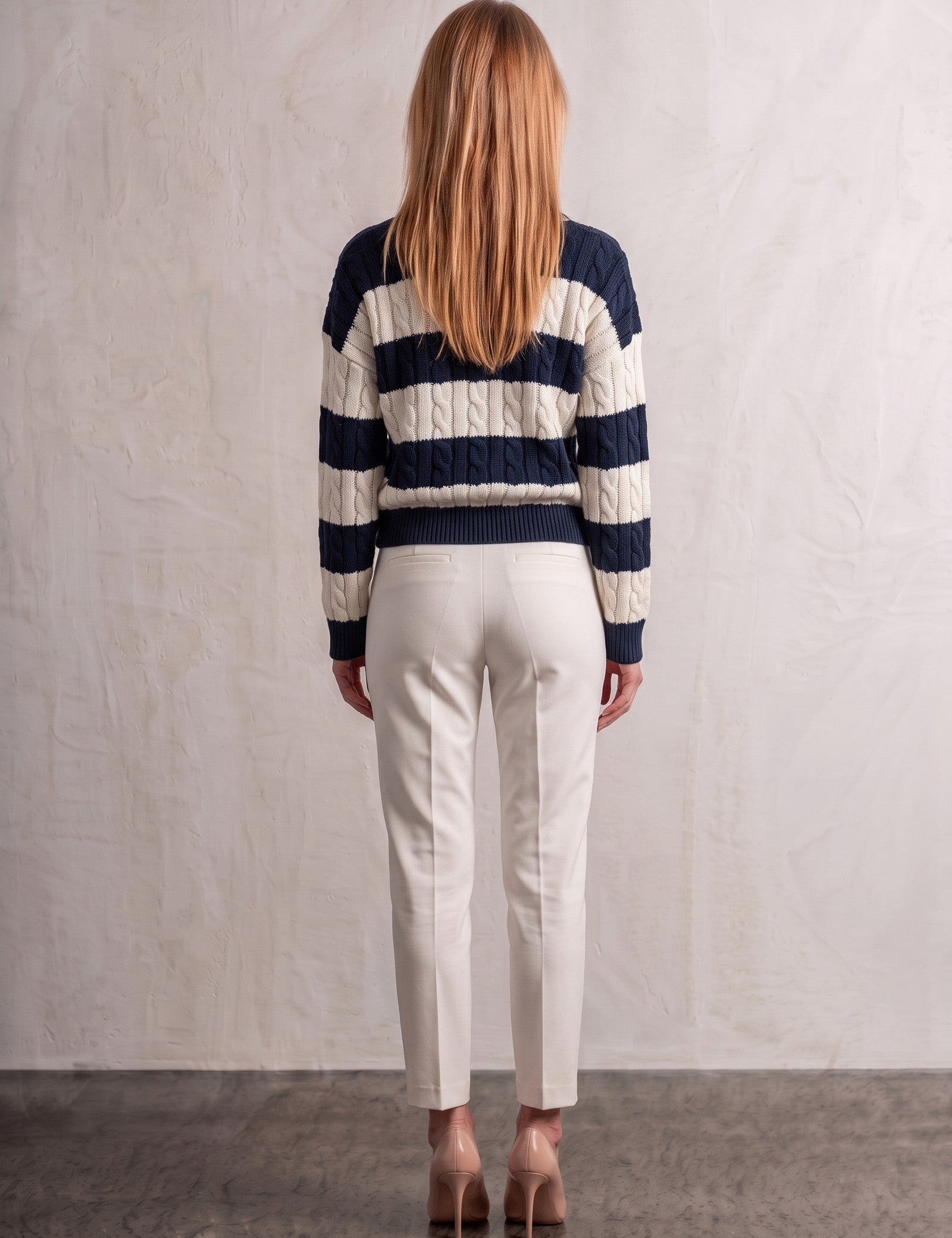 Women's Navy and Cream Striped Cable Knit V-Neck Jumper, back view, full length.