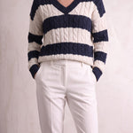 Women's Navy and Cream Striped Cable Knit V-Neck Jumper, close-up of the upper body.