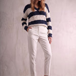 Women's Navy and Cream Striped Cable Knit V-Neck Jumper, front view, full length.