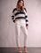Women's Navy and Cream Striped Cable Knit V-Neck Jumper, front view, full length.