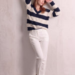 Women's Navy and Cream Striped Cable Knit V-Neck Jumper, front view, full length.