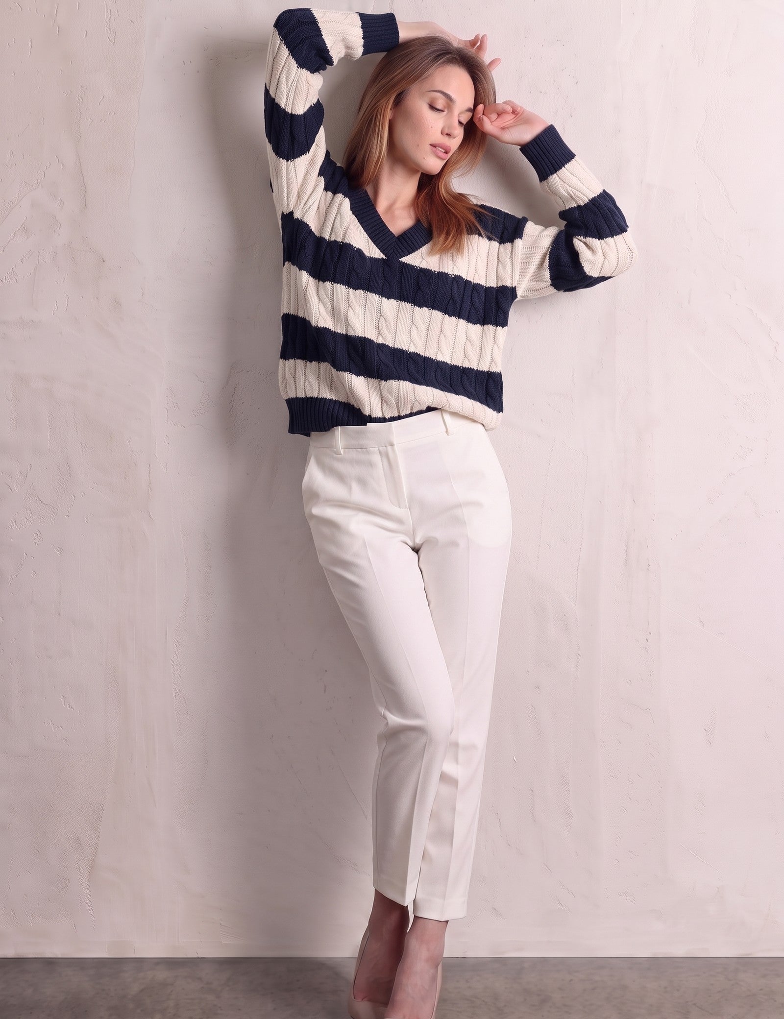 Women's Navy and Cream Striped Cable Knit V-Neck Jumper, front view, full length.