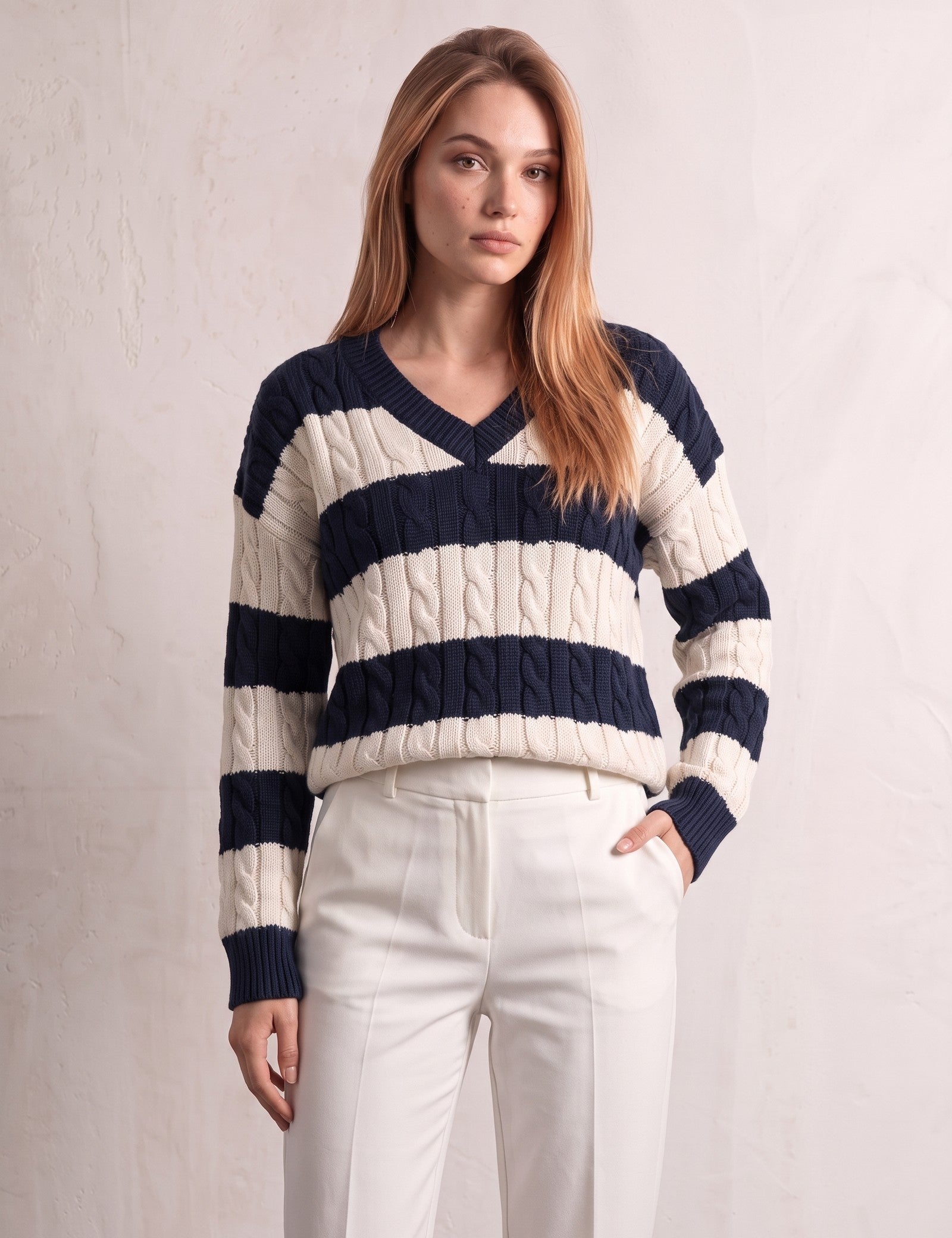 Women's Navy and Cream Striped Cable Knit V-Neck Jumper, three-quarter view from the left, full length.