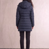 Women's Navy Longline Hooded Quilted Puffer Jacket, back view, full length.