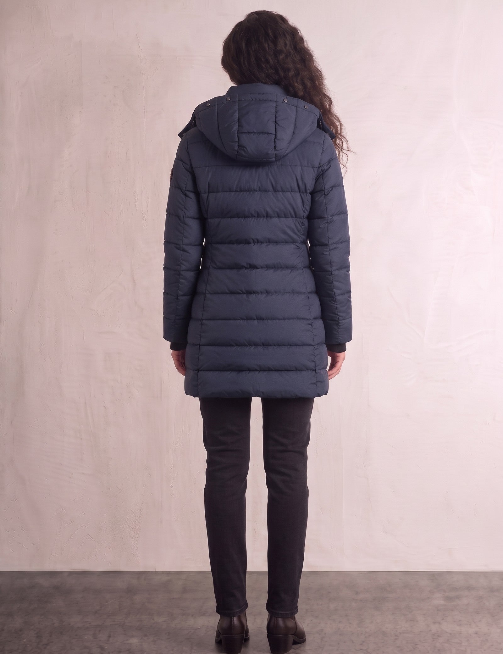 Women's Navy Longline Hooded Quilted Puffer Jacket, back view, full length.