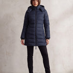 Women's Navy Longline Hooded Quilted Puffer Jacket, front view, full length.