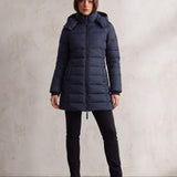 Women's Navy Longline Hooded Quilted Puffer Jacket, front view, full length.