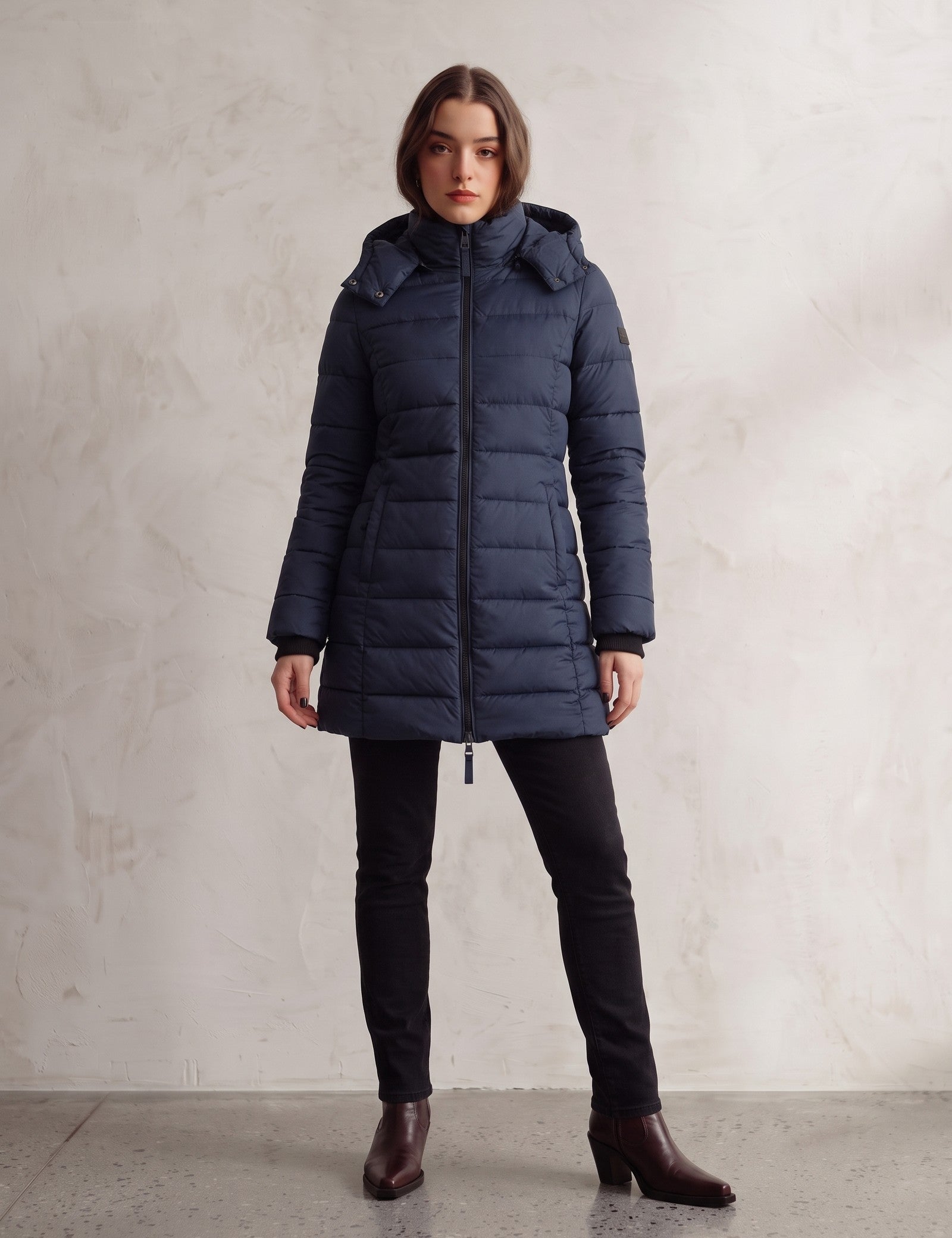 Women's Navy Longline Hooded Quilted Puffer Jacket, front view, full length.