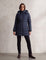 Women's Navy Longline Hooded Quilted Puffer Jacket, front view, full length.