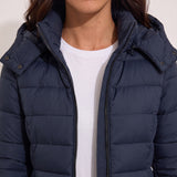 Women's Navy Longline Hooded Quilted Puffer Jacket, close-up of the upper body.