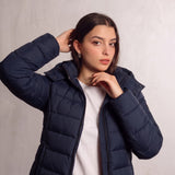 Women's Navy Longline Hooded Quilted Puffer Jacket, close-up of the upper body.