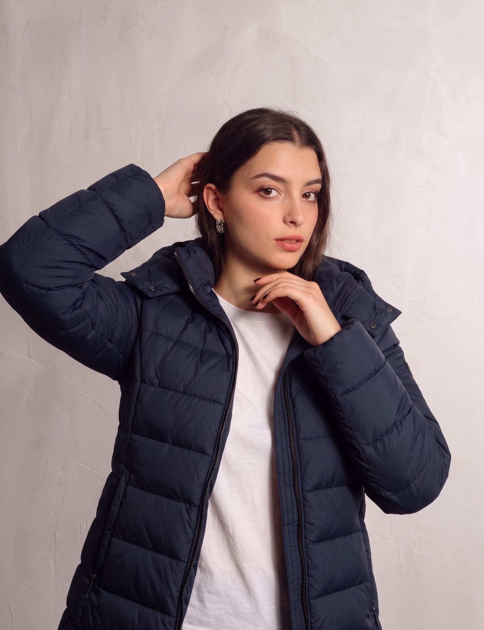 Women's Navy Longline Hooded Quilted Puffer Jacket, close-up of the upper body.