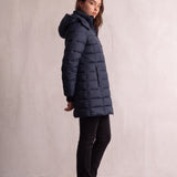 Women's Navy Longline Hooded Quilted Puffer Jacket, side view, full length.