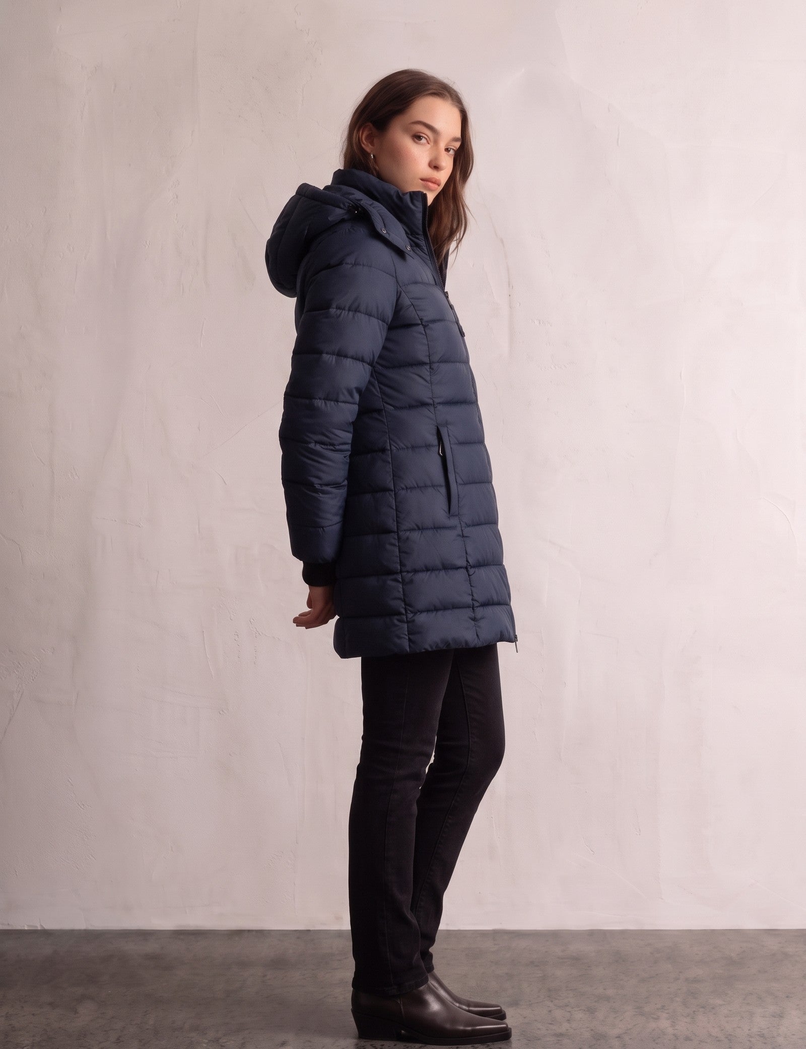 Women's Navy Longline Hooded Quilted Puffer Jacket, side view, full length.