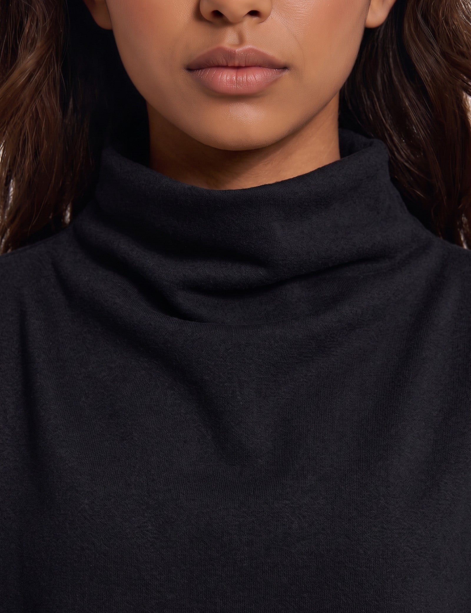 Women's Oversized Funnel Neck Long Sleeve Top, close-up of the upper body