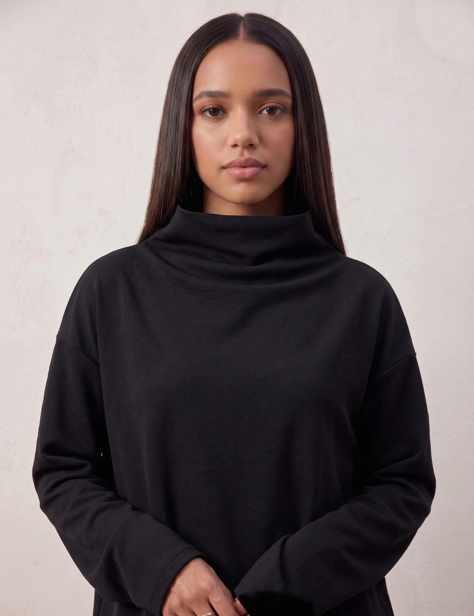 Women's Oversized Funnel Neck Long Sleeve Top, close-up of the upper body