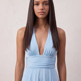 Women's Plunge Halter Neck Maxi Dress for Wedding Guests, close-up of the upper body