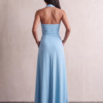 Women's Plunge Halter Neck Maxi Dress for Wedding Guests, back view, full length