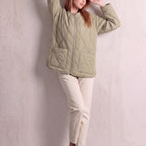 Women's Sage Green Quilted Collarless Jacket with Pockets, front view, full length.