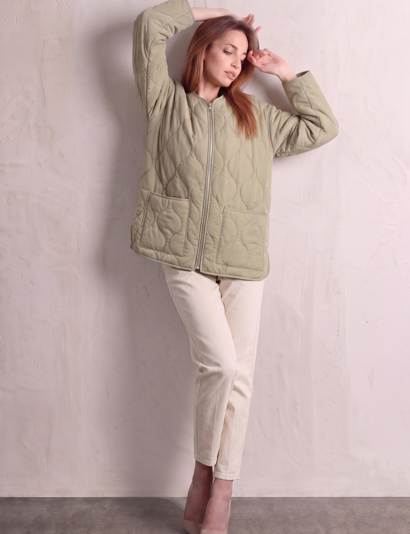 Women's Sage Green Quilted Collarless Jacket with Pockets, front view, full length.