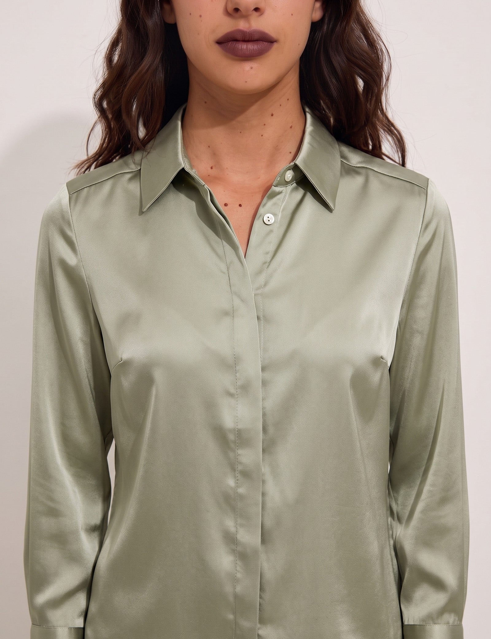 Women's Satin Longline Button-Down Blouse, close-up of the upper body
