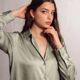 Women's Satin Longline Button-Down Blouse, close-up of the upper body