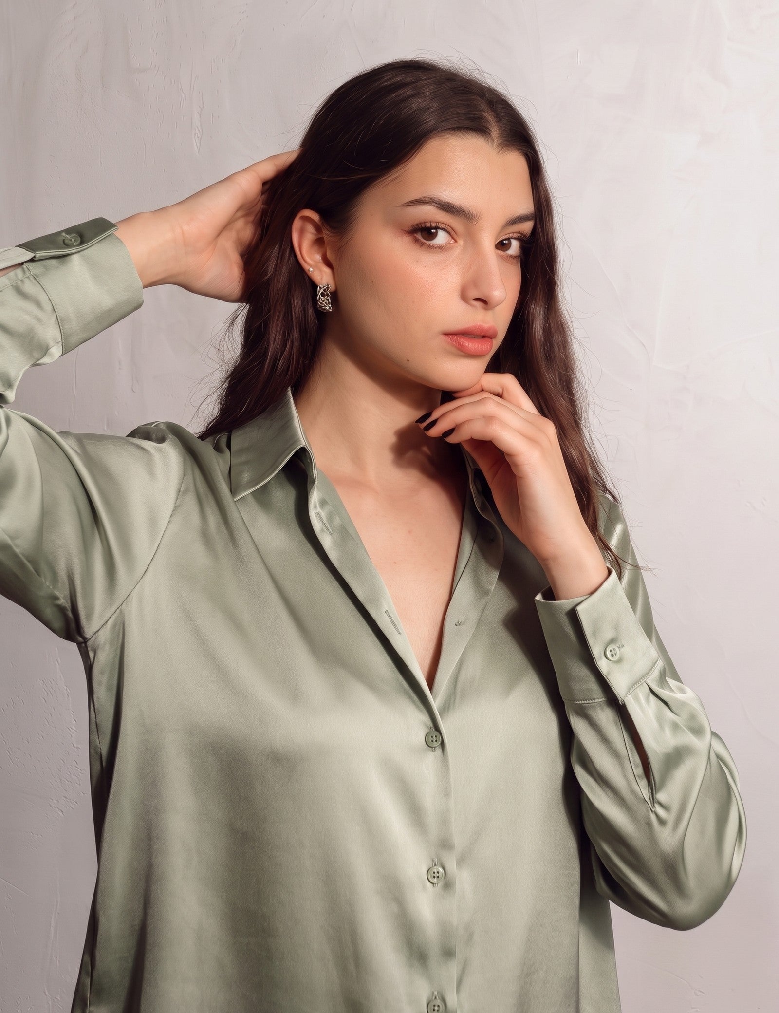 Women's Satin Longline Button-Down Blouse, close-up of the upper body