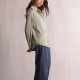 Women's Satin Longline Button-Down Blouse, side view, full length