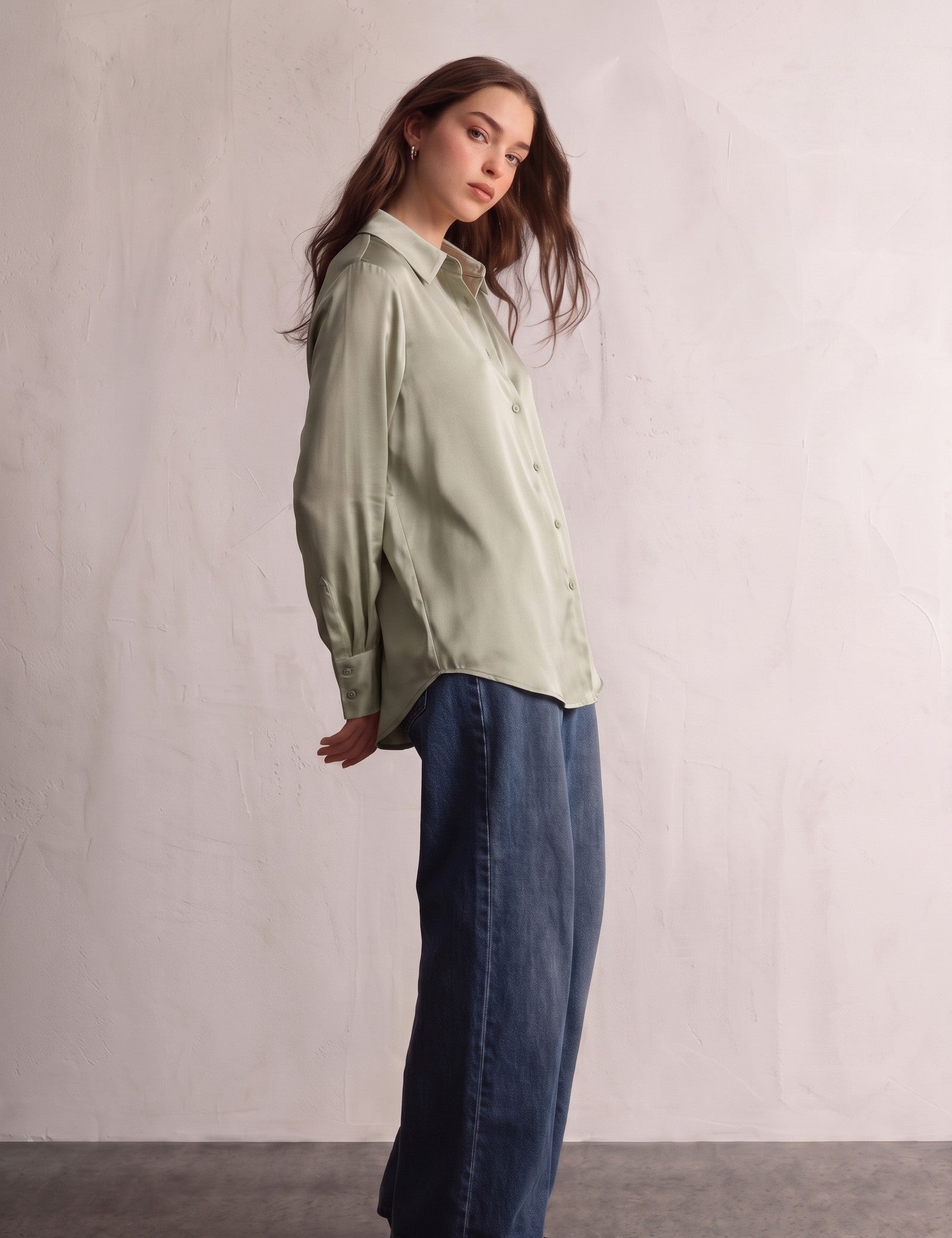 Women's Satin Longline Button-Down Blouse, side view, full length