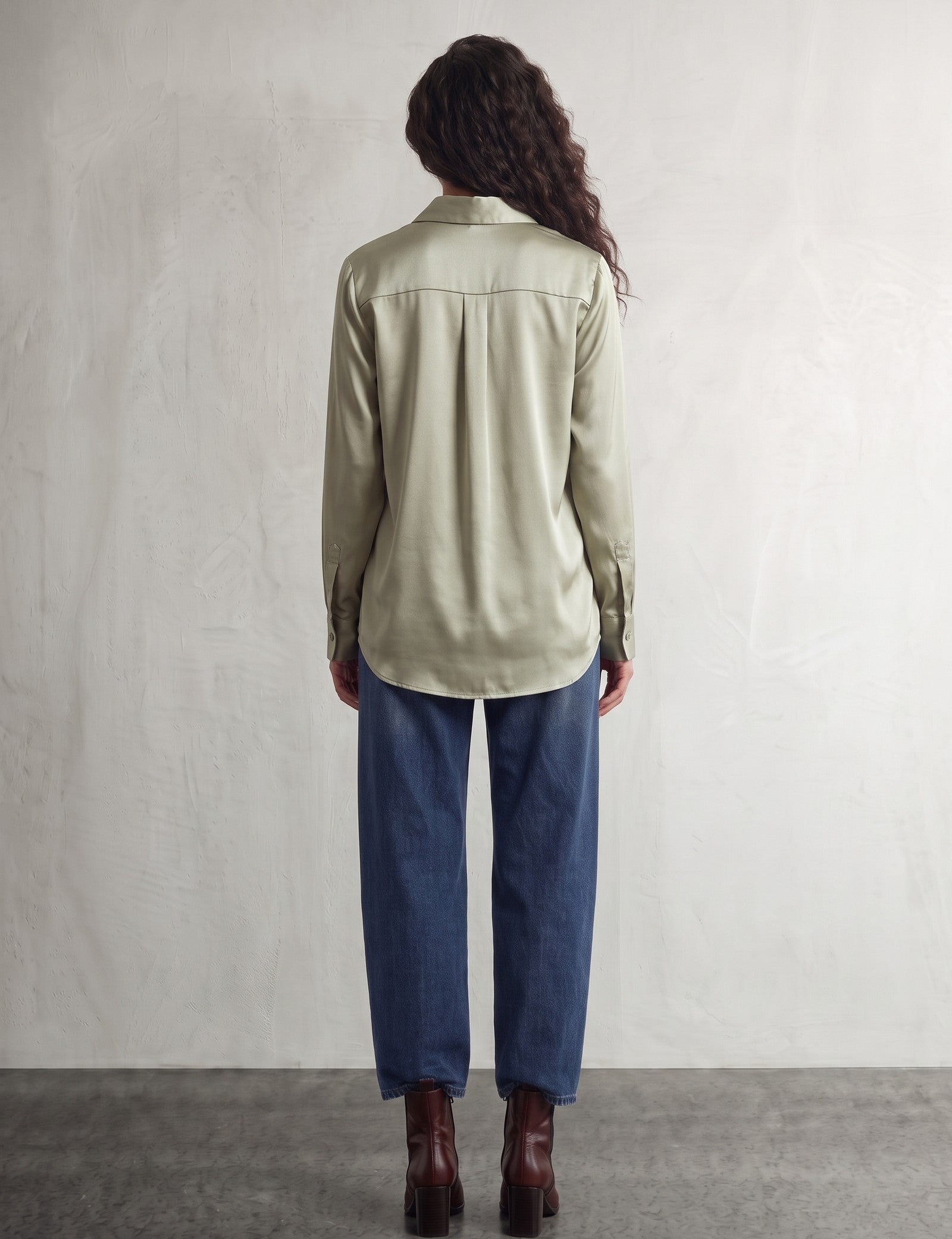 Women's Satin Longline Button-Down Blouse, back view, full length