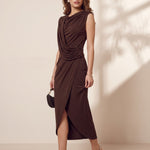 Women's Sleeveless Draped Midi Dress with Front Split, three-quarter view from the left, full length