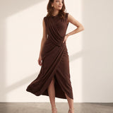 Women's Sleeveless Draped Midi Dress with Front Split, side view, full length