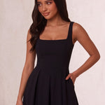 Women's Square Neck Scuba Midi Dress with Pockets, close-up of the upper body