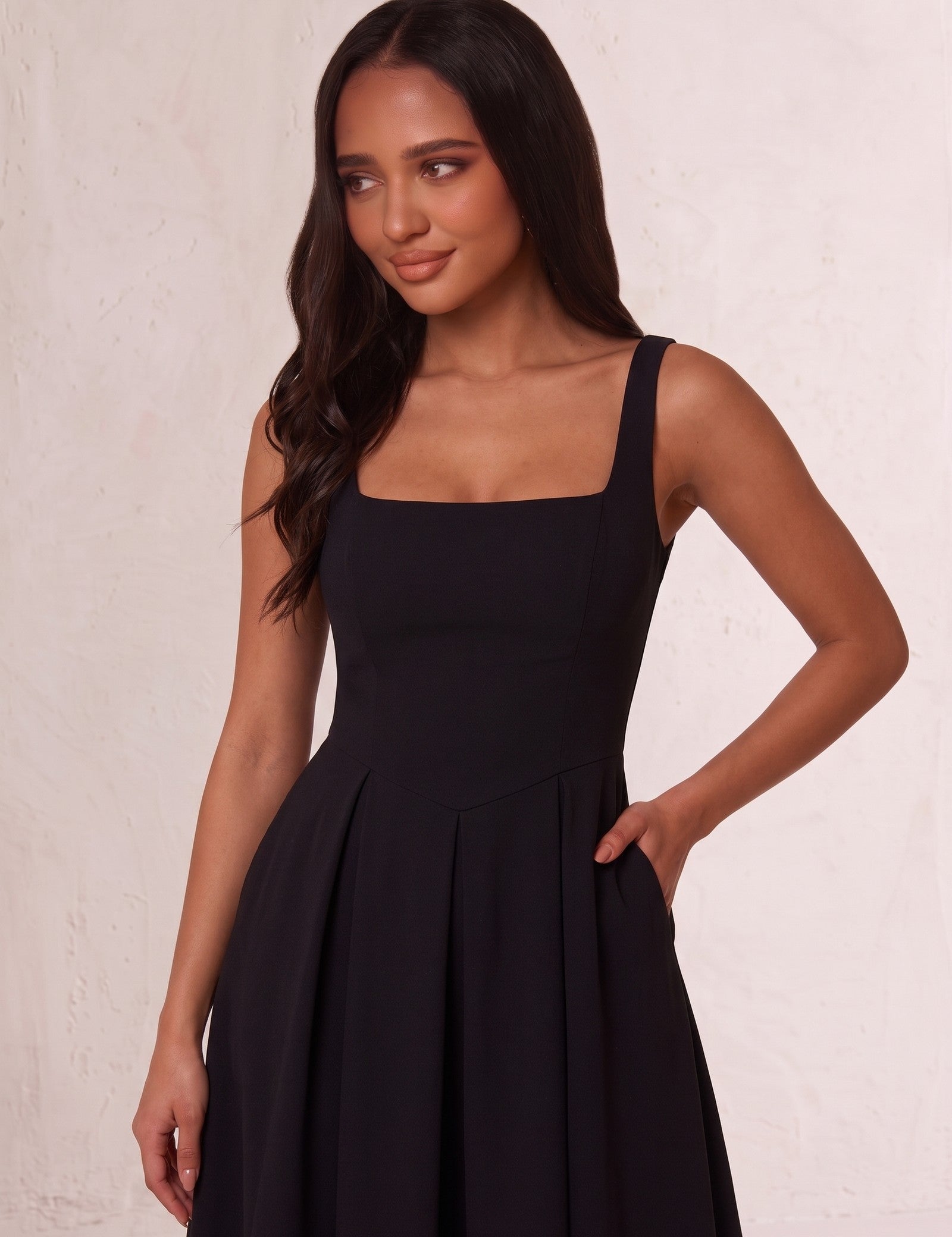 Women's Square Neck Scuba Midi Dress with Pockets, close-up of the upper body