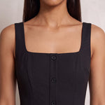 Women's Square Neck Scuba Midi Dress with Pockets, close-up of the upper body