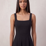 Women's Square Neck Scuba Midi Dress with Pockets, close-up of the upper body