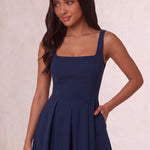 Women's Square Neck Scuba Midi Dress with Pockets, close-up of the upper body