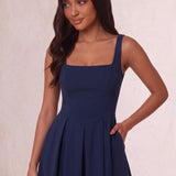 Women's Square Neck Scuba Midi Dress with Pockets, close-up of the upper body
