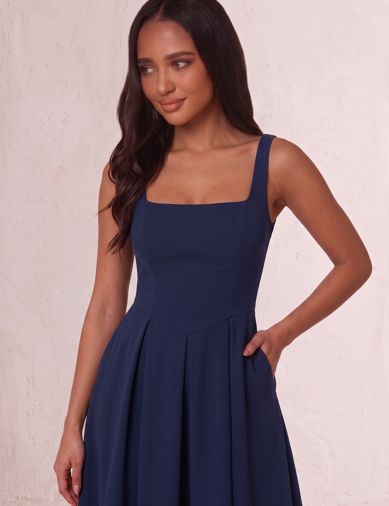 Women's Square Neck Scuba Midi Dress with Pockets, close-up of the upper body