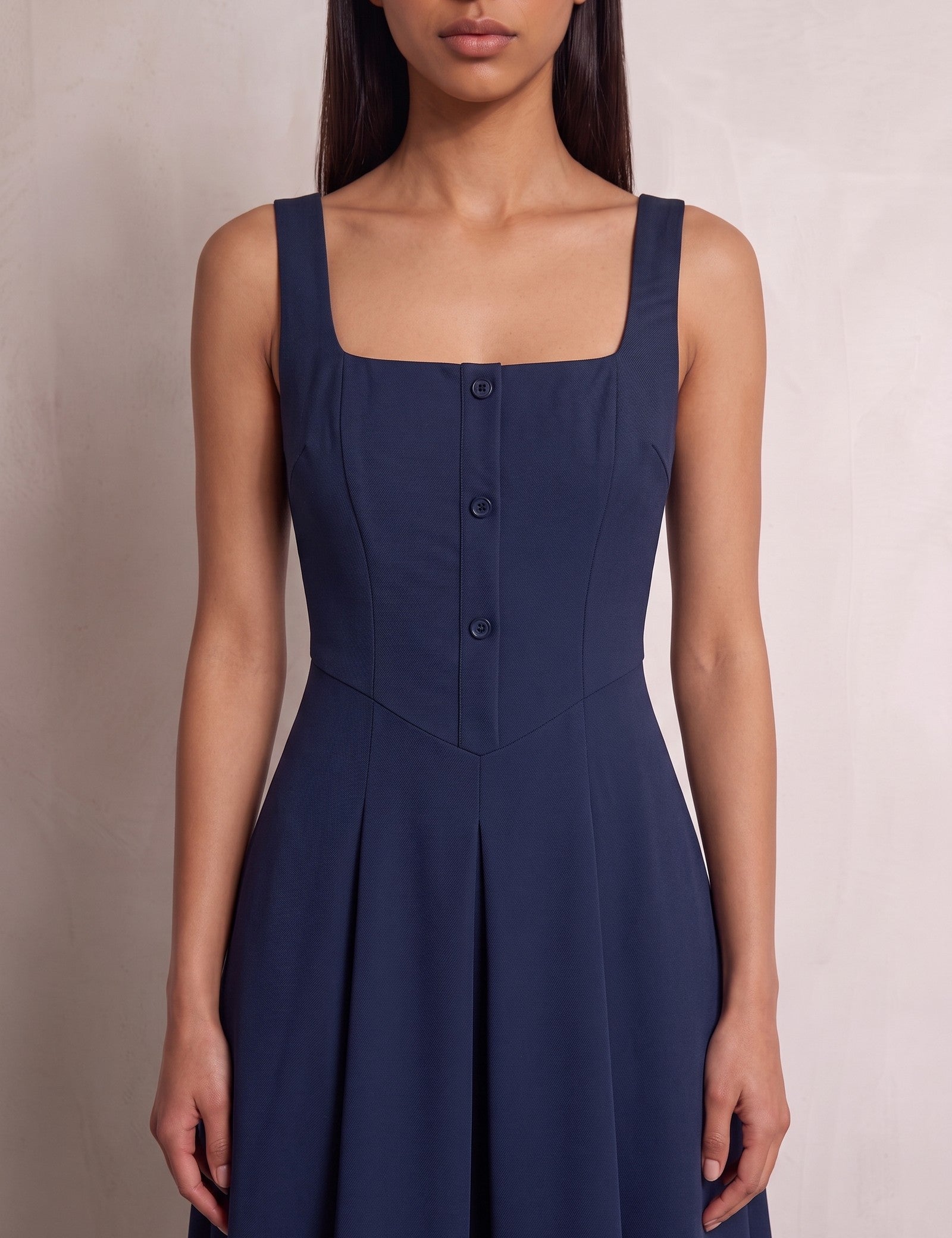 Women's Square Neck Scuba Midi Dress with Pockets, close-up of the upper body