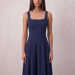 Women's Square Neck Scuba Midi Dress with Pockets, close-up of the upper body