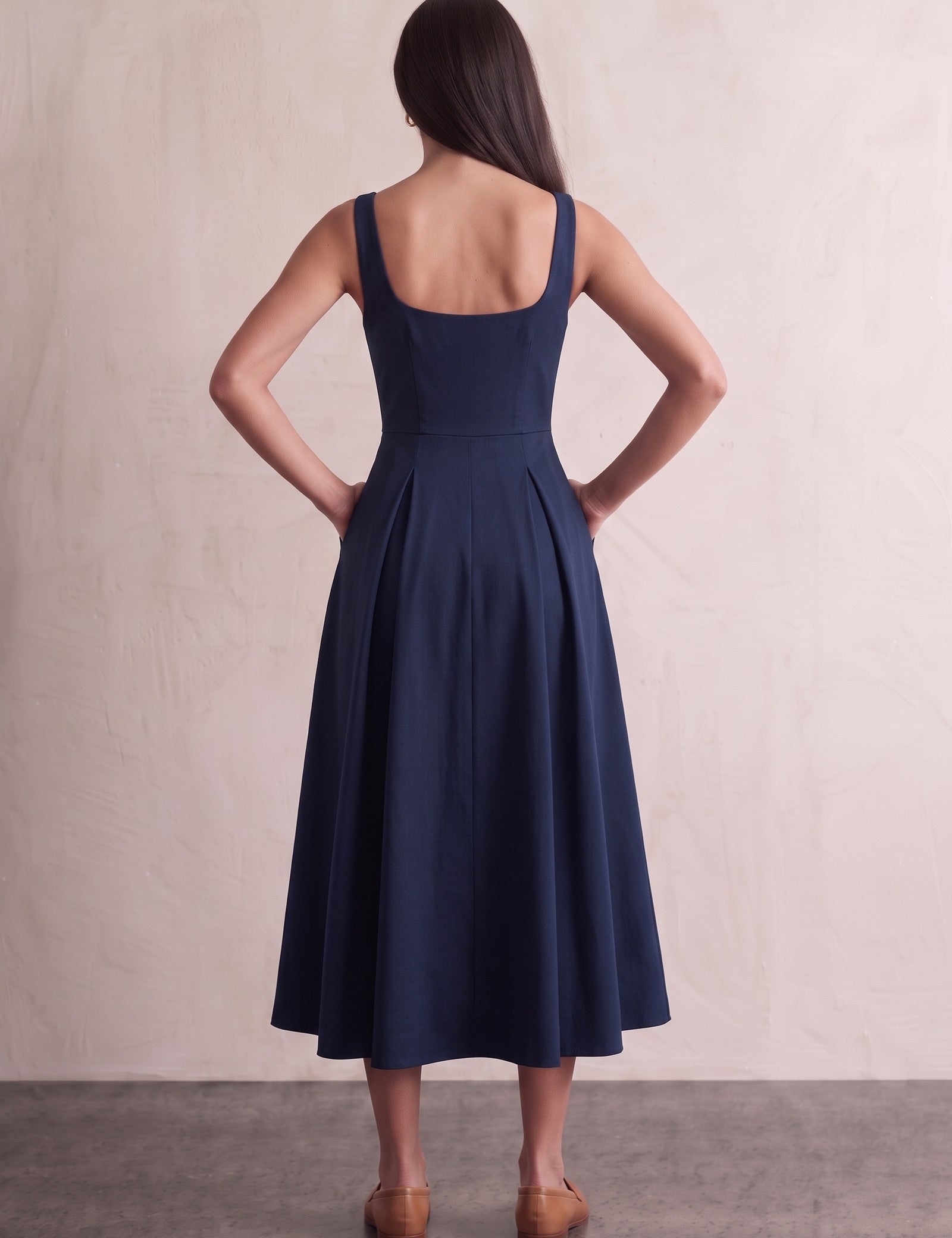 Women's Square Neck Scuba Midi Dress with Pockets, back view, full length